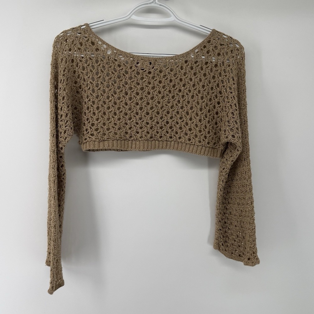 Y2K Fairy Crochet Crop Top‎ Bell Sleeve Sheer Knit Boho Festival Gold Metallic M - Picture 4 of 7